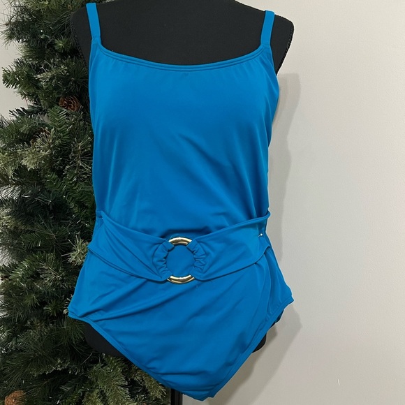 Time and Tru Blue One Piece Swimsuit with Scoop Neckline - Picture 1 of 6